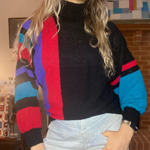 Vintage 90s West Coast Connection Lightweight Colorblock Art Turtleneck … - Picture 4 of 16